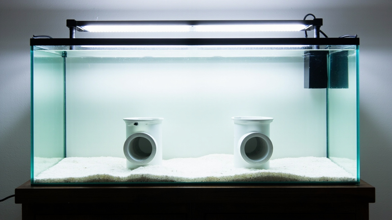 20-gallon long aquarium with hang-on-back filter, fine sand, and PVC hides