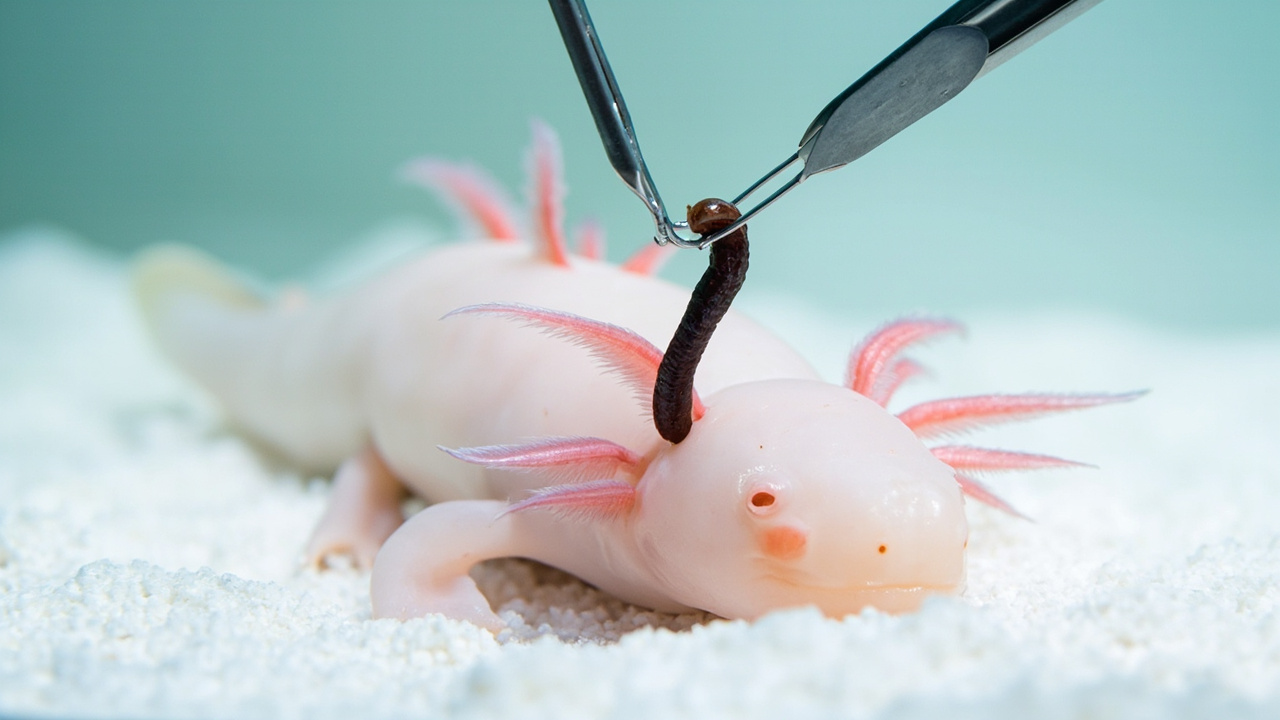 Adult axolotl taking a nightcrawler from feeding tongs on the tank bottom