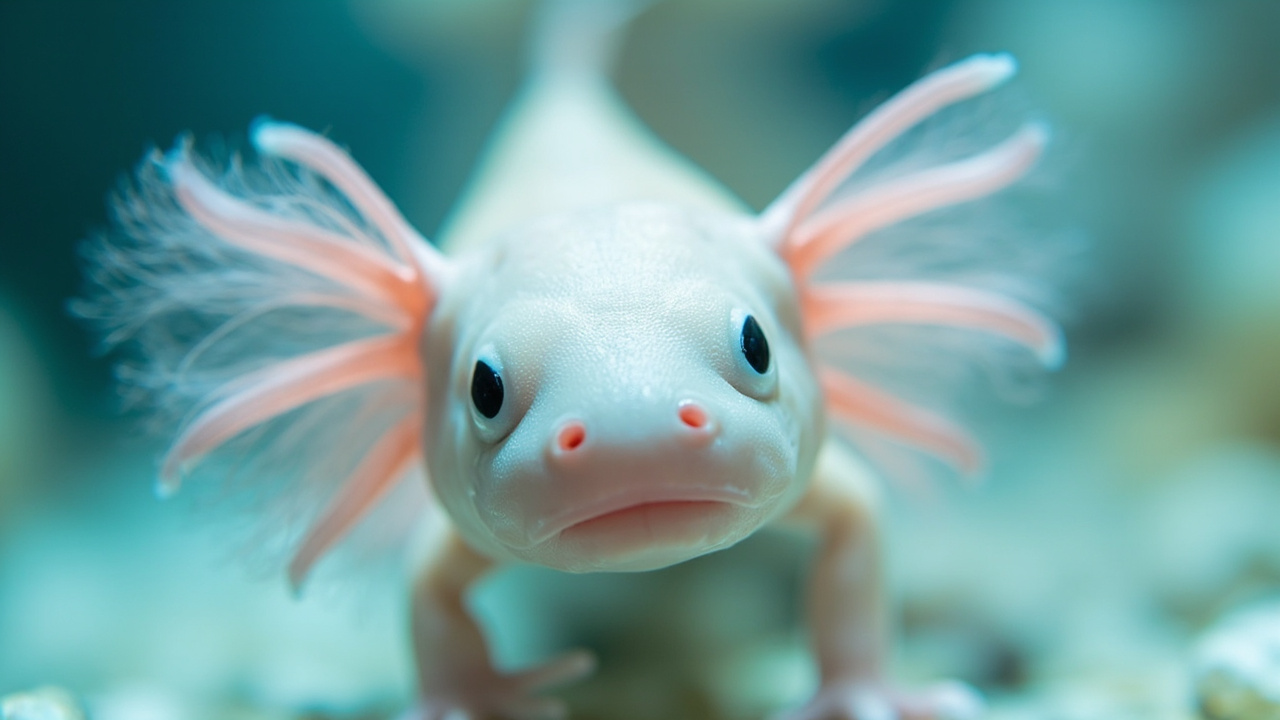Close view of healthy pink branching gills on a leucistic axolotl in clear water