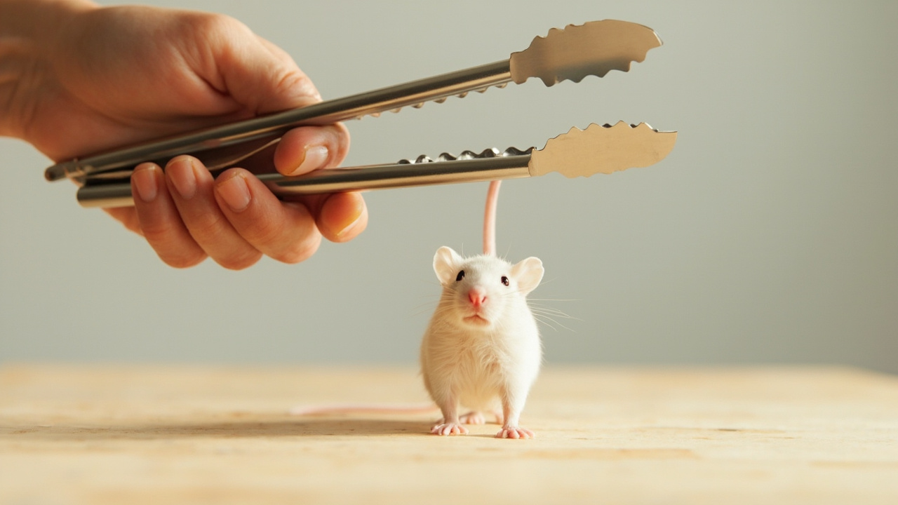 A keeper holding long tongs above an alert white mouse on a wooden surface, keeping a hand's width of distance