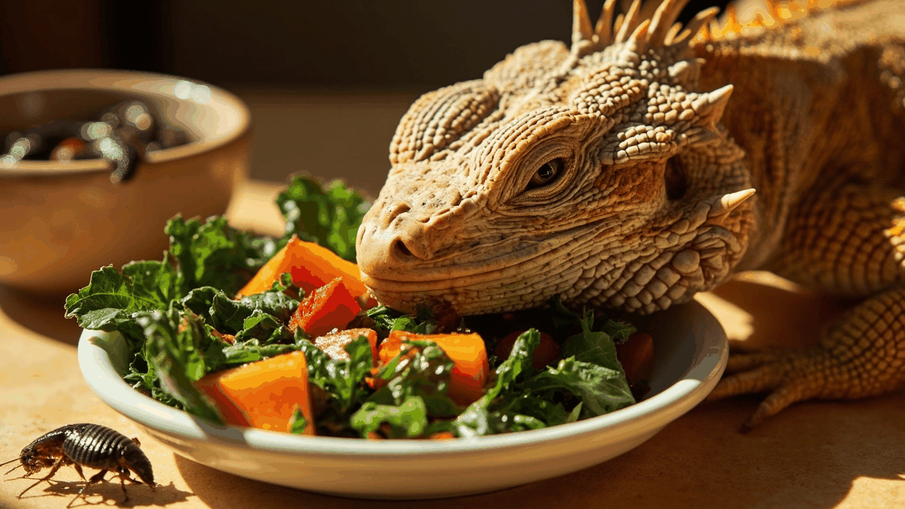 Bearded dragon eating a fresh salad of collard greens, butternut squash, and bell pepper from a shallow dish, with dubia roaches waiting in a separate feeding bowl