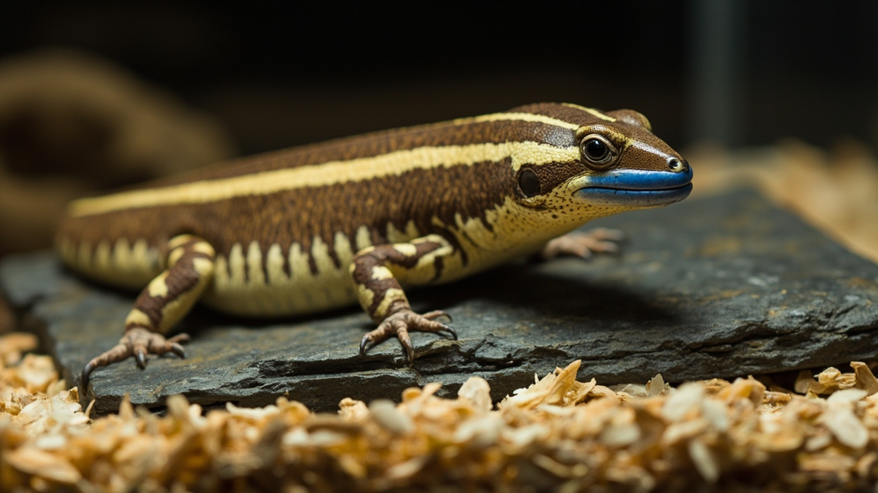 Blue tongue skink basking on a flat slate rock under a T5 HO 10.0 UVB tube and a halogen basking bulb mounted above, fixtures set 8-10 inches above the basking surface