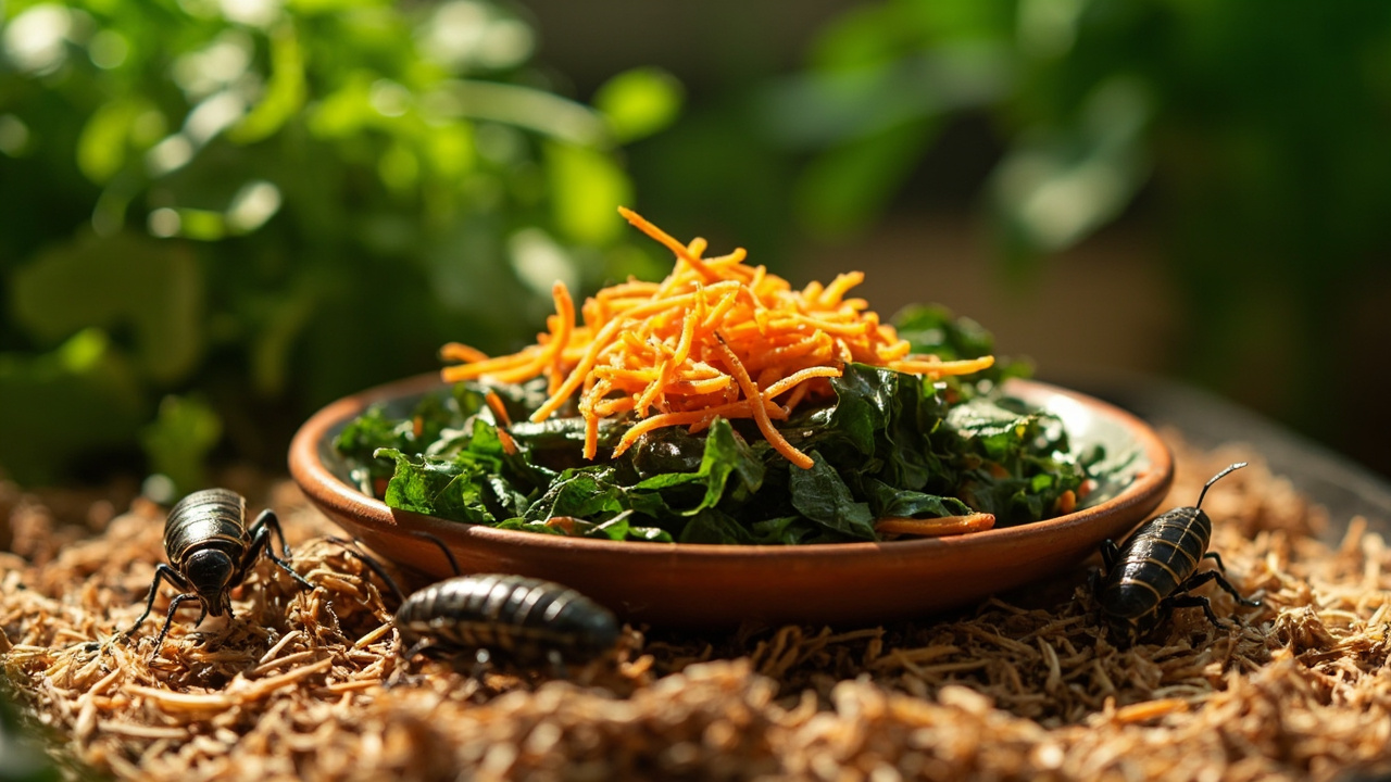 Blue tongue skink meal — a shallow dish of chopped collard greens and grated butternut squash next to gut-loaded dubia roaches dusted with white calcium powder