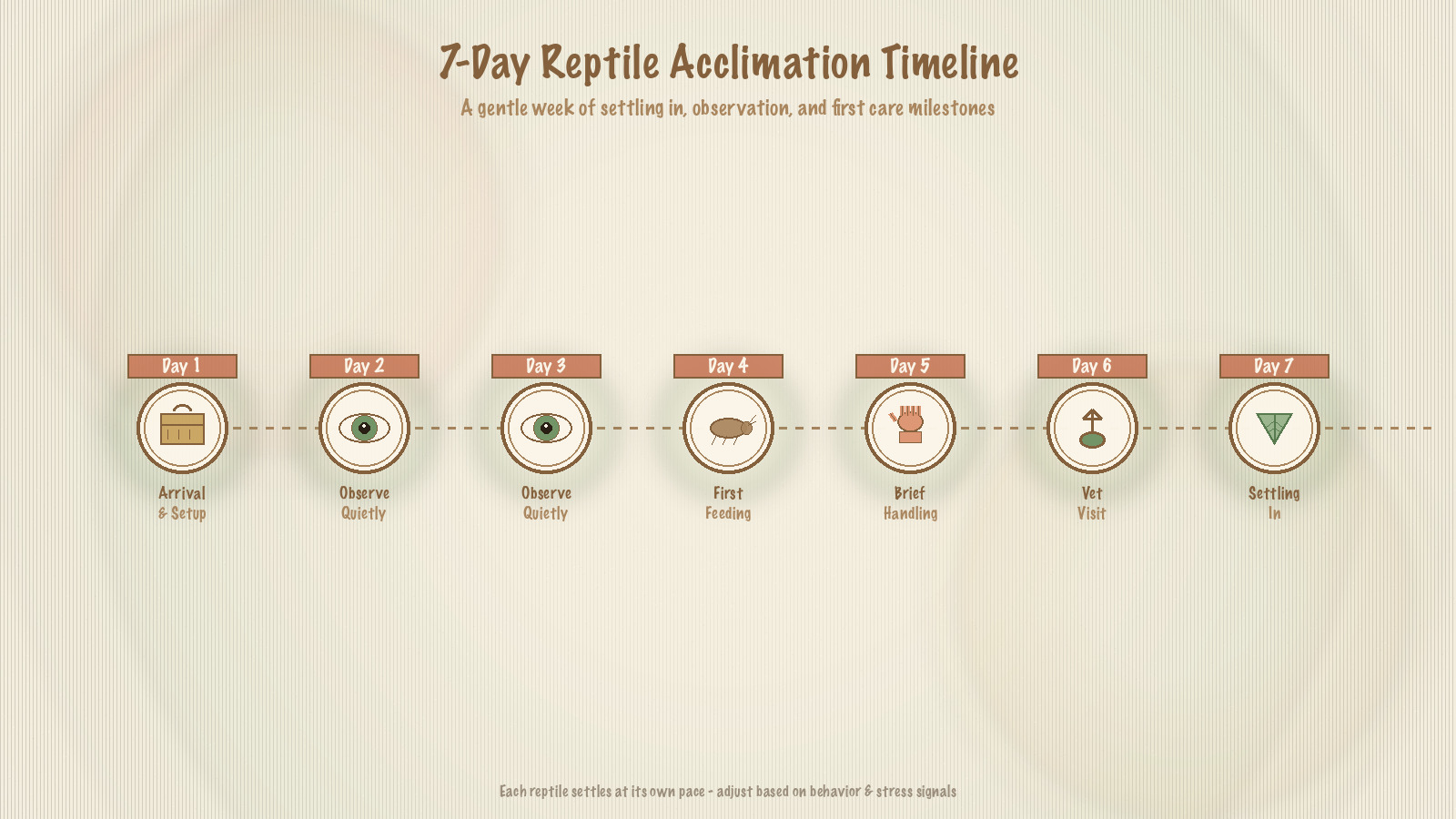 7-day acclimation timeline graphic showing arrival, observation, first feeding, brief handling, and vet scheduling across Days 1 through 7