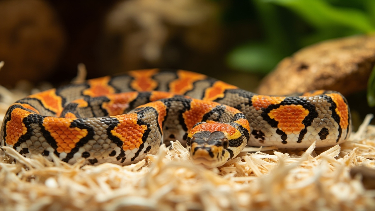 Adult corn snake resting on aspen substrate — slender orange-and-red saddled pattern over a gray base, checkered black-and-white belly visible