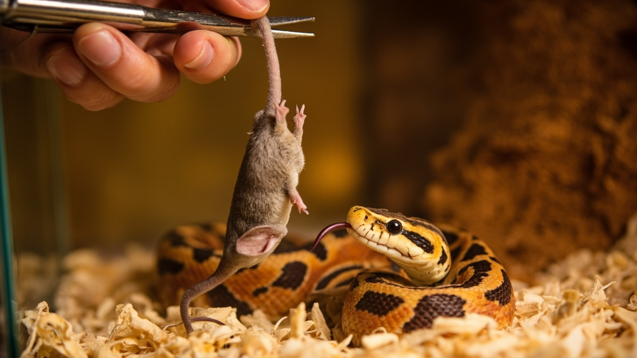 Corn snake being offered a limp thawed mouse dangled head-down with metal feeding tongs in an aspen-lined terrarium