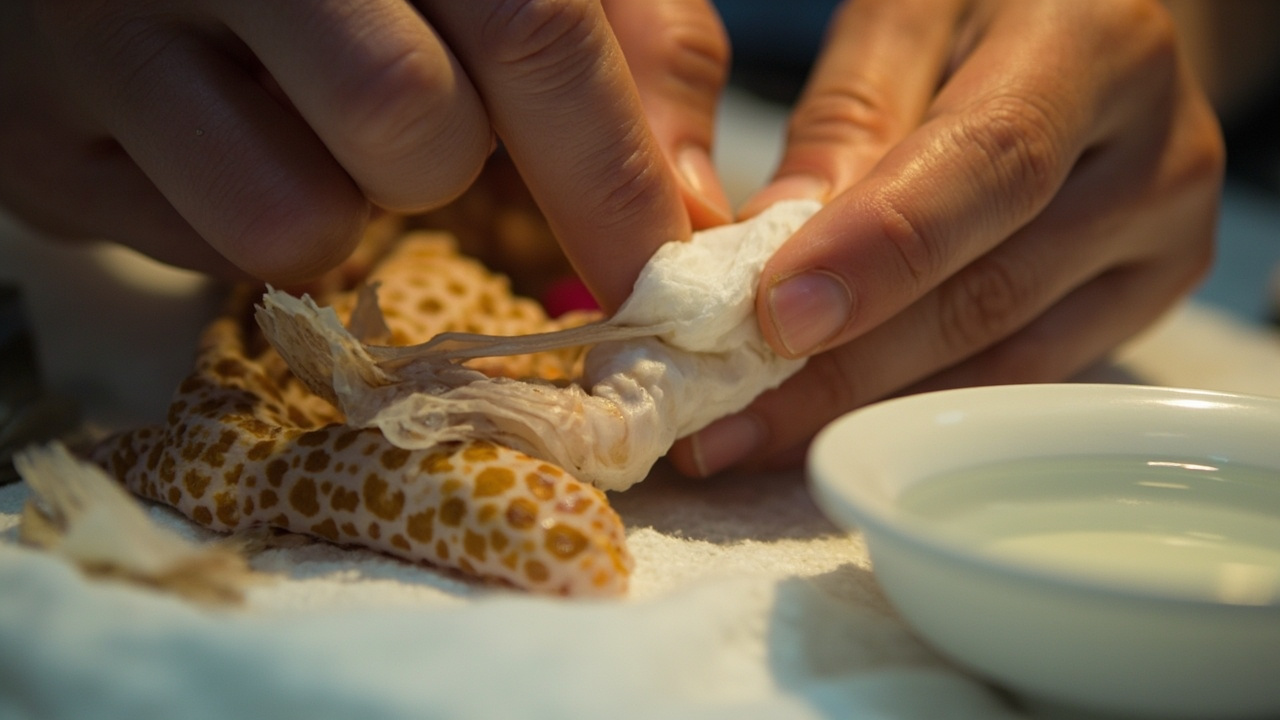 Leopard gecko toes with retained stuck shed being gently treated with warm soak and cotton swab