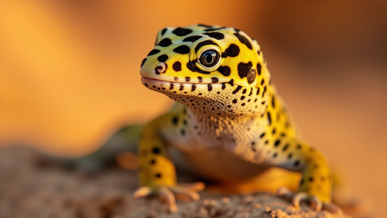 Leopard gecko anatomy — full body view with spotted yellow body, clawed toes, lid-covered eyes, and a thick banded tail