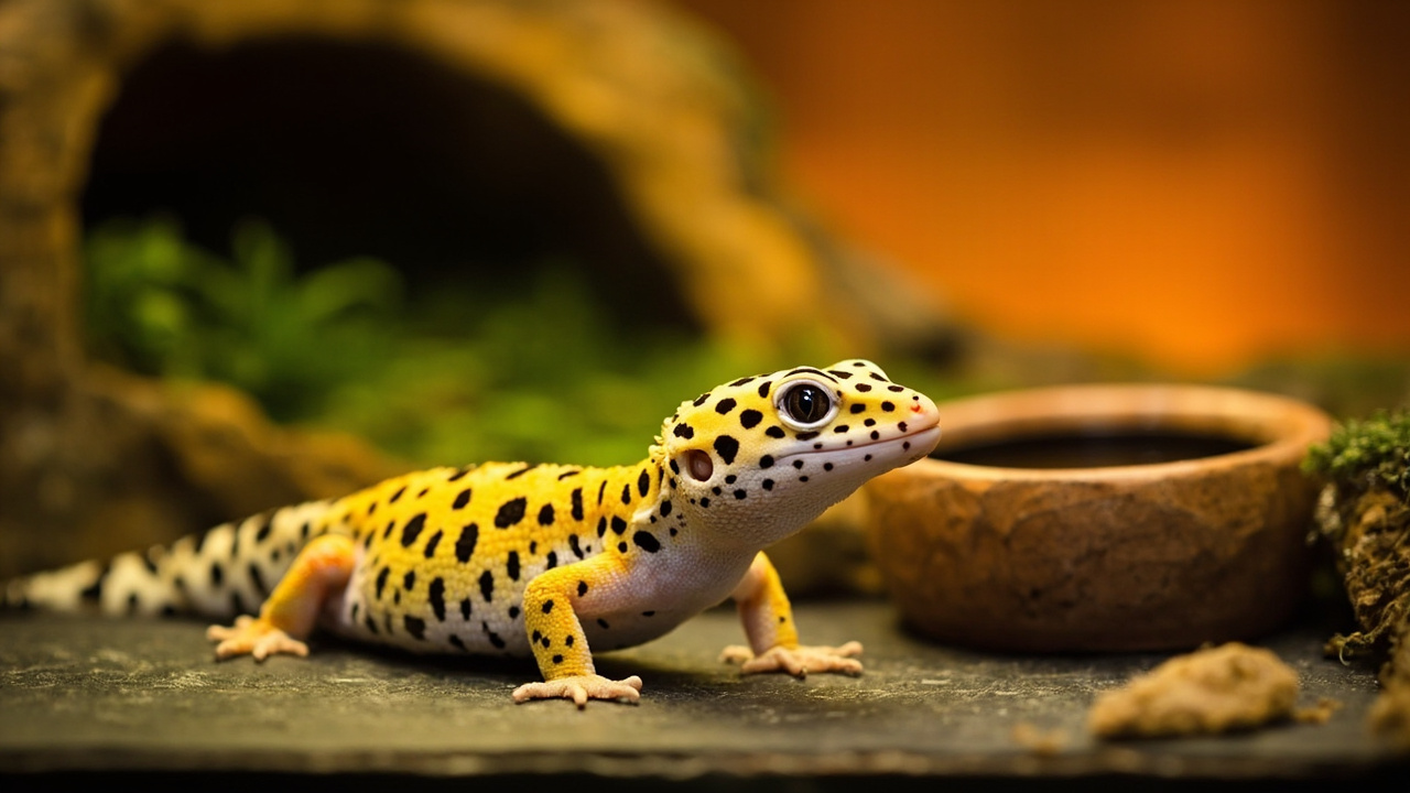 Leopard gecko enclosure layout — warm hide on the hot side above the heat mat, cool hide on the cool side, and a moist hide in the middle