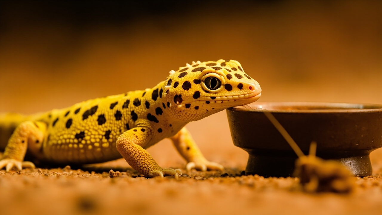 Leopard gecko striking at a cricket from a shallow feeding dish — shows hunting posture and insectivore staple