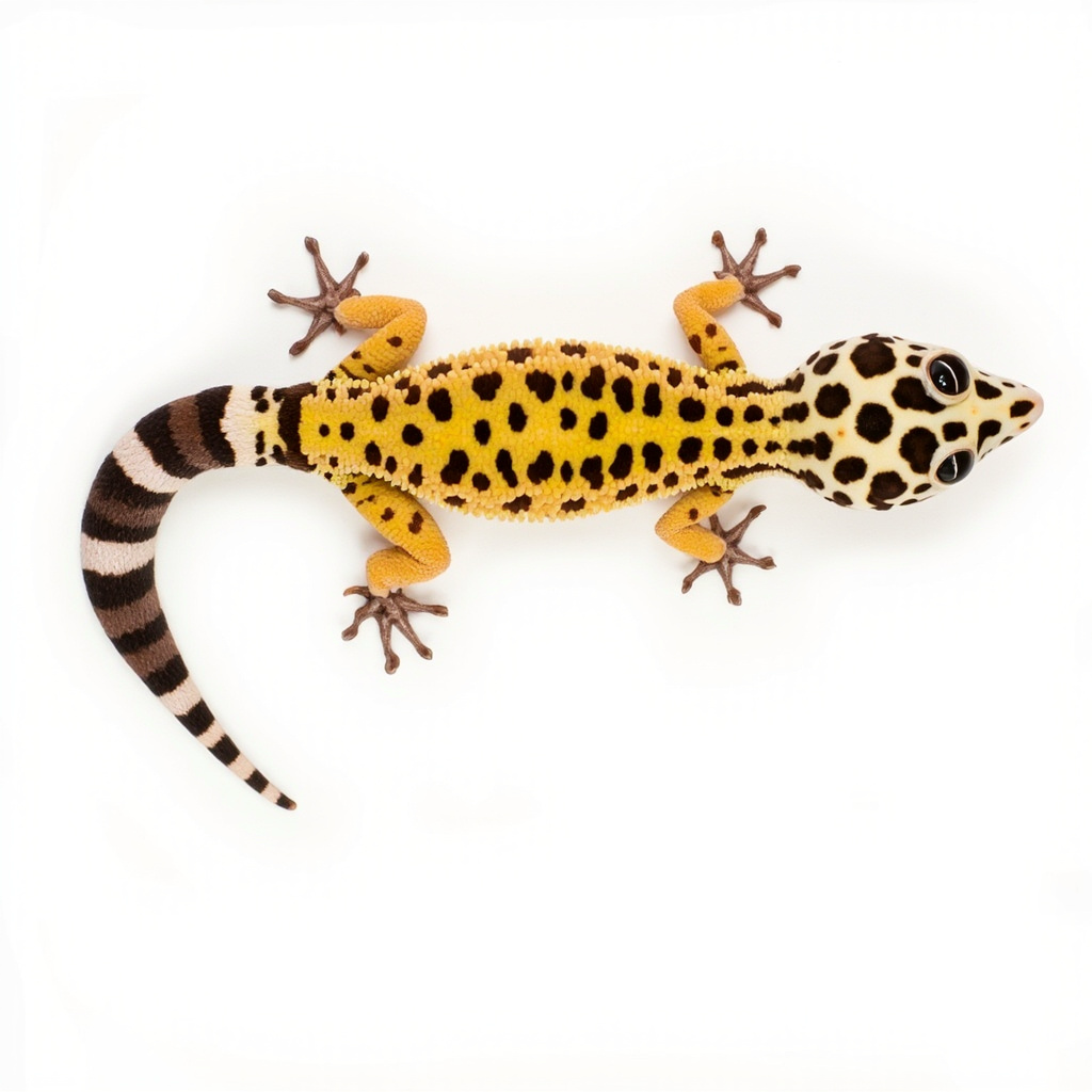 Healthy adult leopard gecko from above, showing spotted yellow body, clawed toes, lid-covered eyes, and a thick banded tail