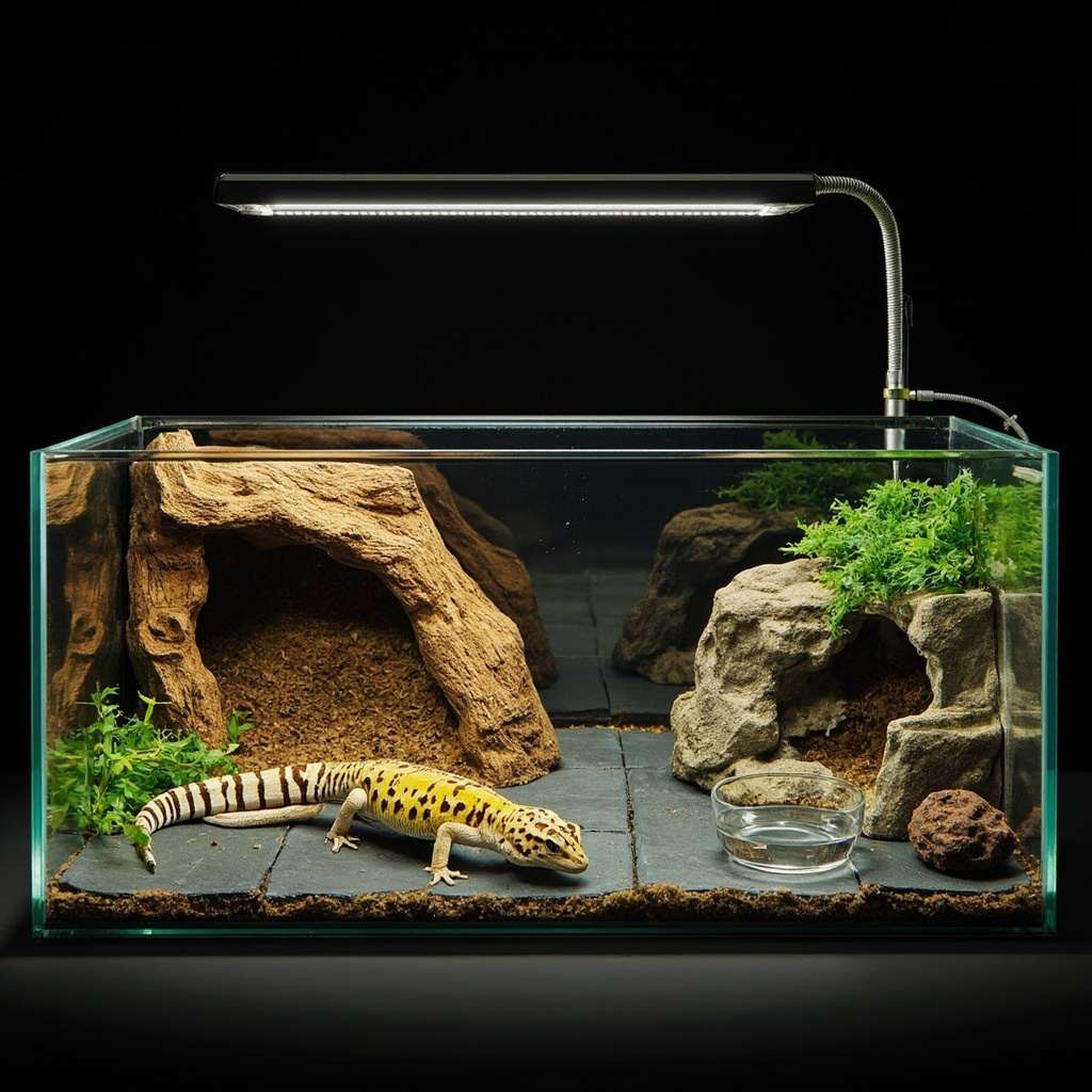 Top-down iconographic leopard gecko enclosure with a warm hide, humid hide, cool hide, food dish, and water dish