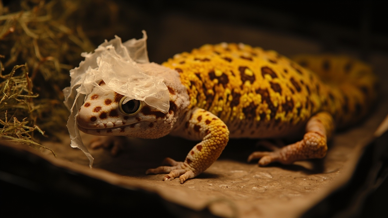 Leopard gecko mid-shed inside a moist hide — flaky white skin peeling off in patches, with damp moss visible