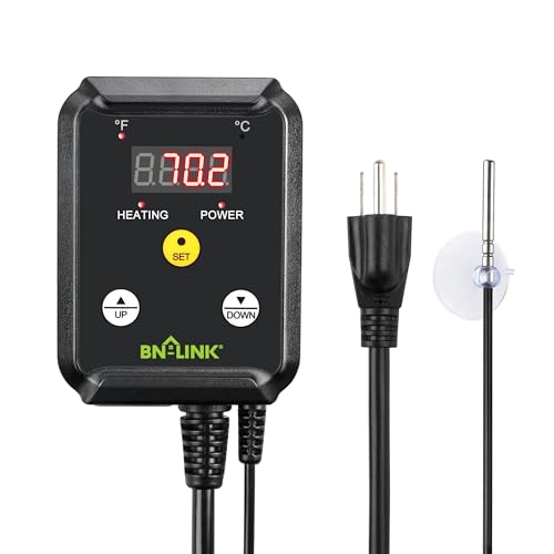 BN-LINK reptile thermostat with probe thermometer, controlling a basking bulb setup
